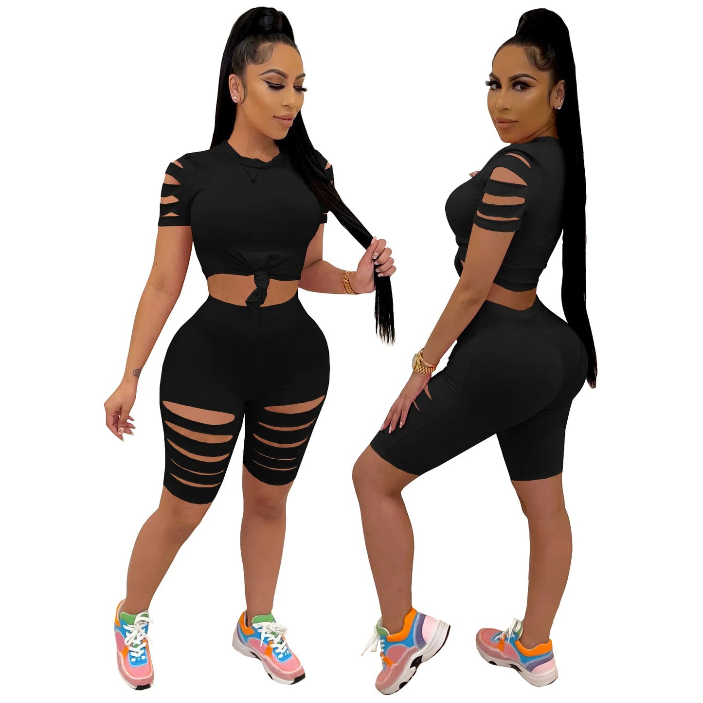 Women Sexy Solid Color Cut Out Two Piece Top And Bottom Summer Short Sleeve