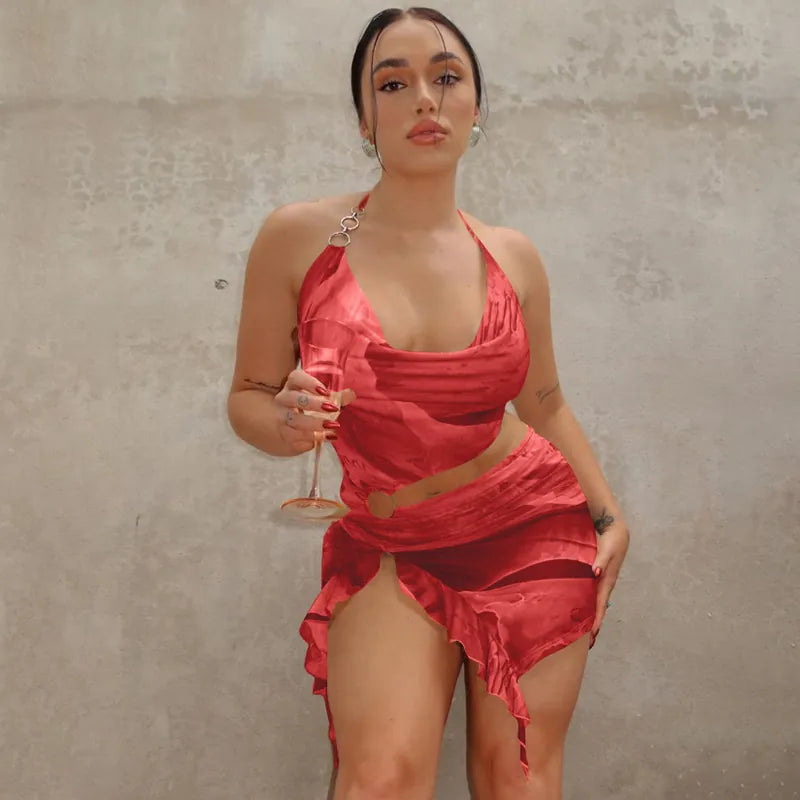 Halter Neck Top And Ruffle Skirt Abstract Print Backless Metal Ring