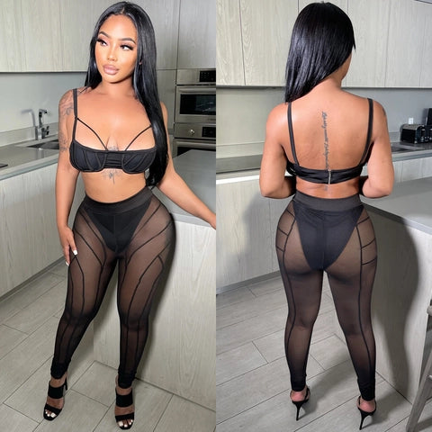 Sexy Mesh Sheer Crop Top And Pants Clubwear Party Suit Sleeveless Back Zipper High Waist Skinny Trousers Suit