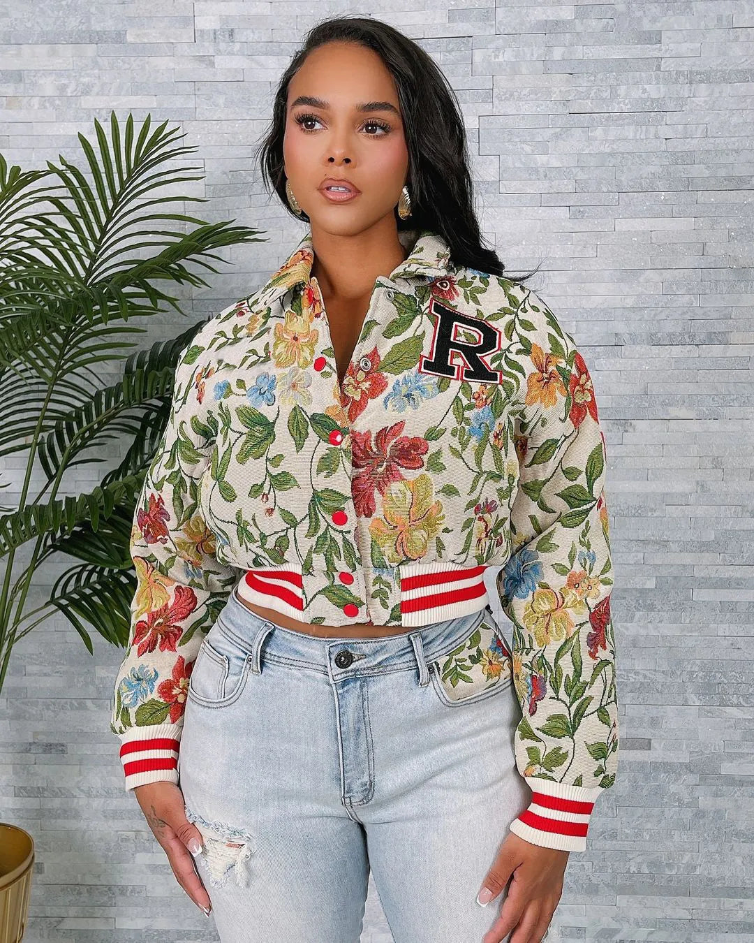 Floral Vintage Tapestry Bomber Jacket Women Retro Letter R Patch Varsity Jacket