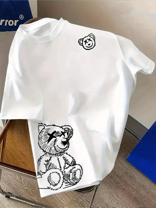 Men Casual Cotton T-Shirt Round Neck Short Sleeve Top Trendy Line Bear Graffiti Printed