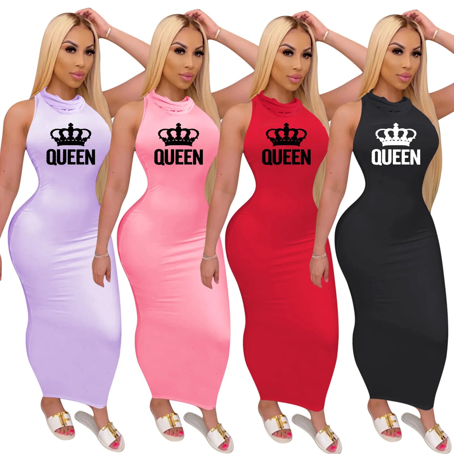 Women Sexy Sleeveless Bodycon Maxi Dress Integrated Face Mask Crown Queen Print