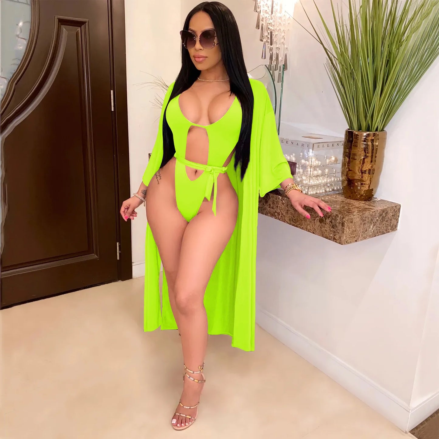 Sexy Women Hollow Out Monokini Top And Bottom With Long Cardigan Polyester Spandex Solid Color Swimsuit
