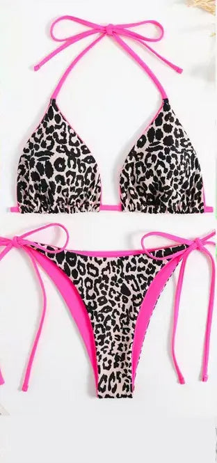 Leopard Print Halter Bikini Top And Side Tie Bottoms Sexy Backless Polyester Swimwear
