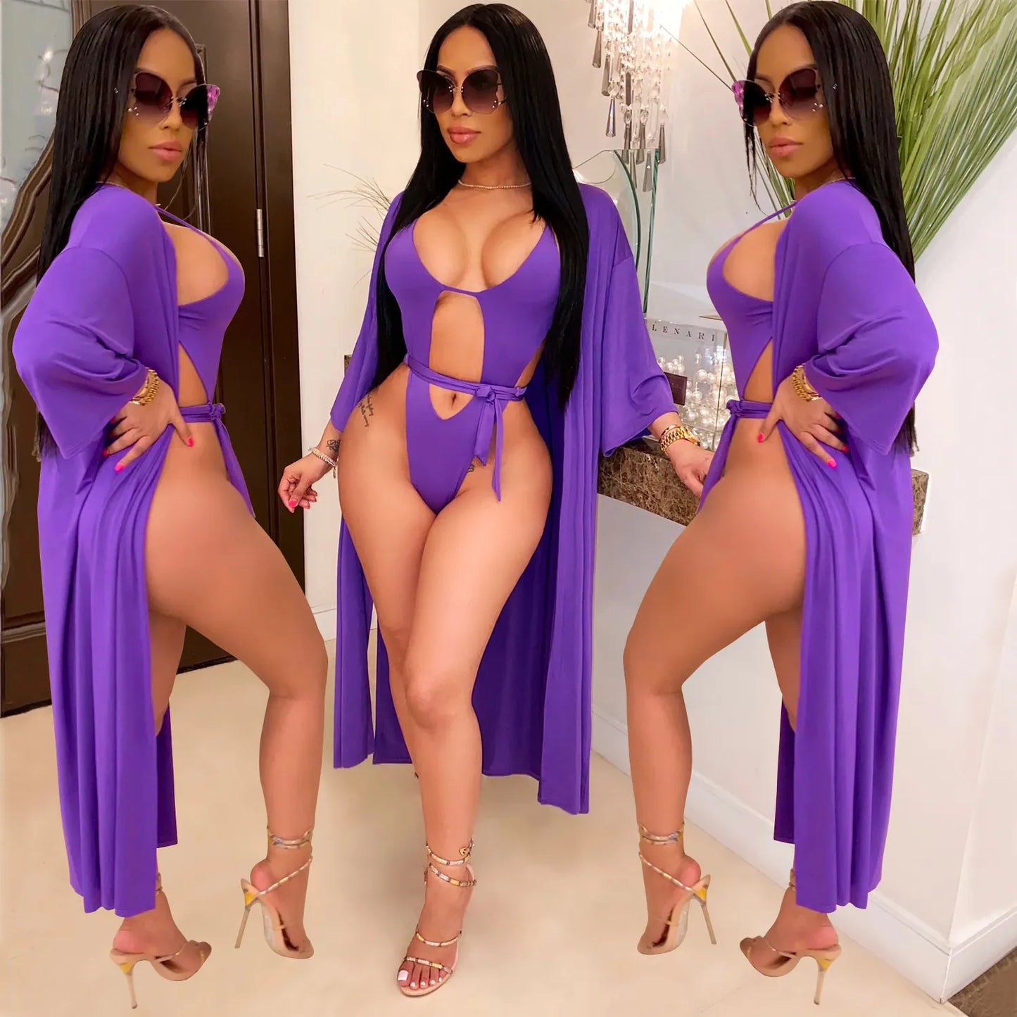Sexy Women Hollow Out Monokini Top And Bottom With Long Cardigan Polyester Spandex Solid Color Swimsuit