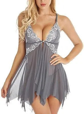 Women Sexy Lace Mesh Baby doll V Neck Sheer Lingerie Nightwear With Floral Trim