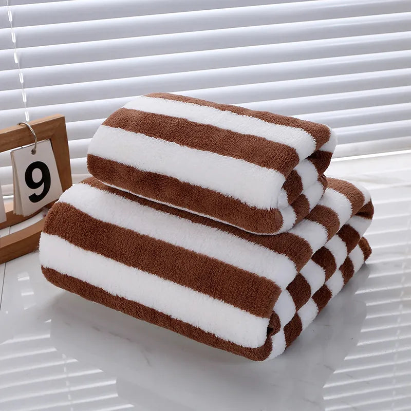 Striped Bath Towels Microfiber Coral Fleece Soft Absorbent Quick Dry Face Towels For Bathroom