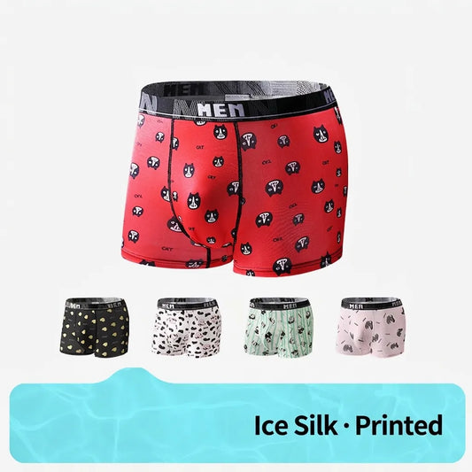 Men Polyester Ice Silk Breathable Boxer Briefs Cartoon Animal Print Comfortable Elastic Waistband Underwear