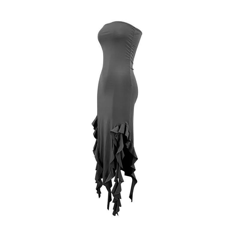 Women Sexy Strapless Ruched Midi Dress Ruffle High Split Slim Fit