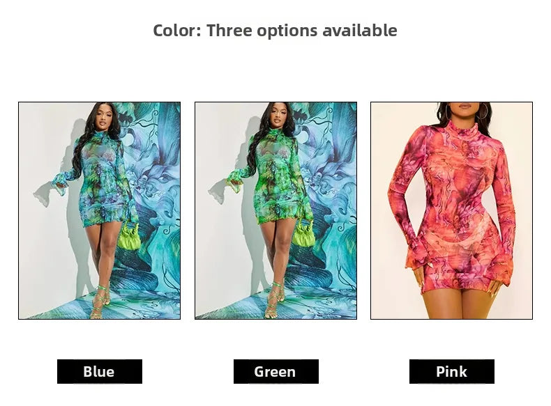 Women Sexy Mesh Abstract Print Mini Dress Long Flare Sleeve Mock Neck Slim Fit Sheer