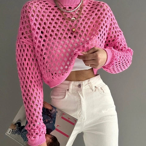 Women Casual Round Neck Out Crochet Knit Sweater Long Sleeve Loose Cropped Pullover Top