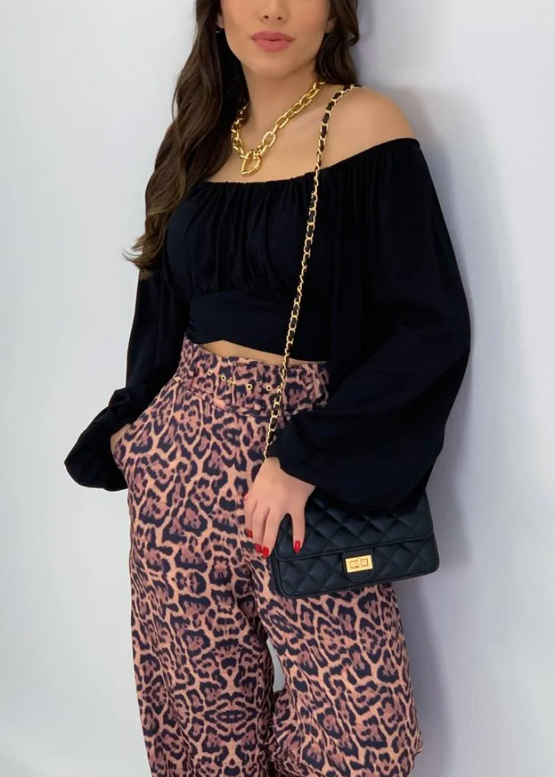 Women Sexy Off The Shoulder Crop Top Long Sleeve Tie Waist Polyester Solid Color Blouse