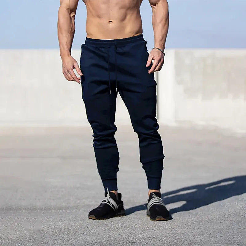Men Sporty Polyester Solid Color Drawstring Joggers Slim Fit Cuffed Hem Sweatpants