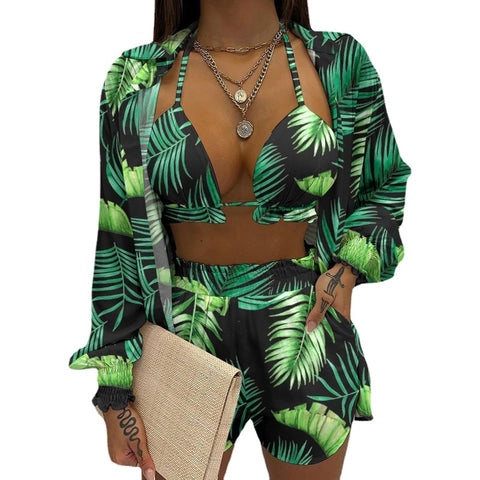 Sexy Vacation Shirt Top And Shorts Outfit Halter Bikini High Waist Bottom Long Sleeve Cover Up Floral Print