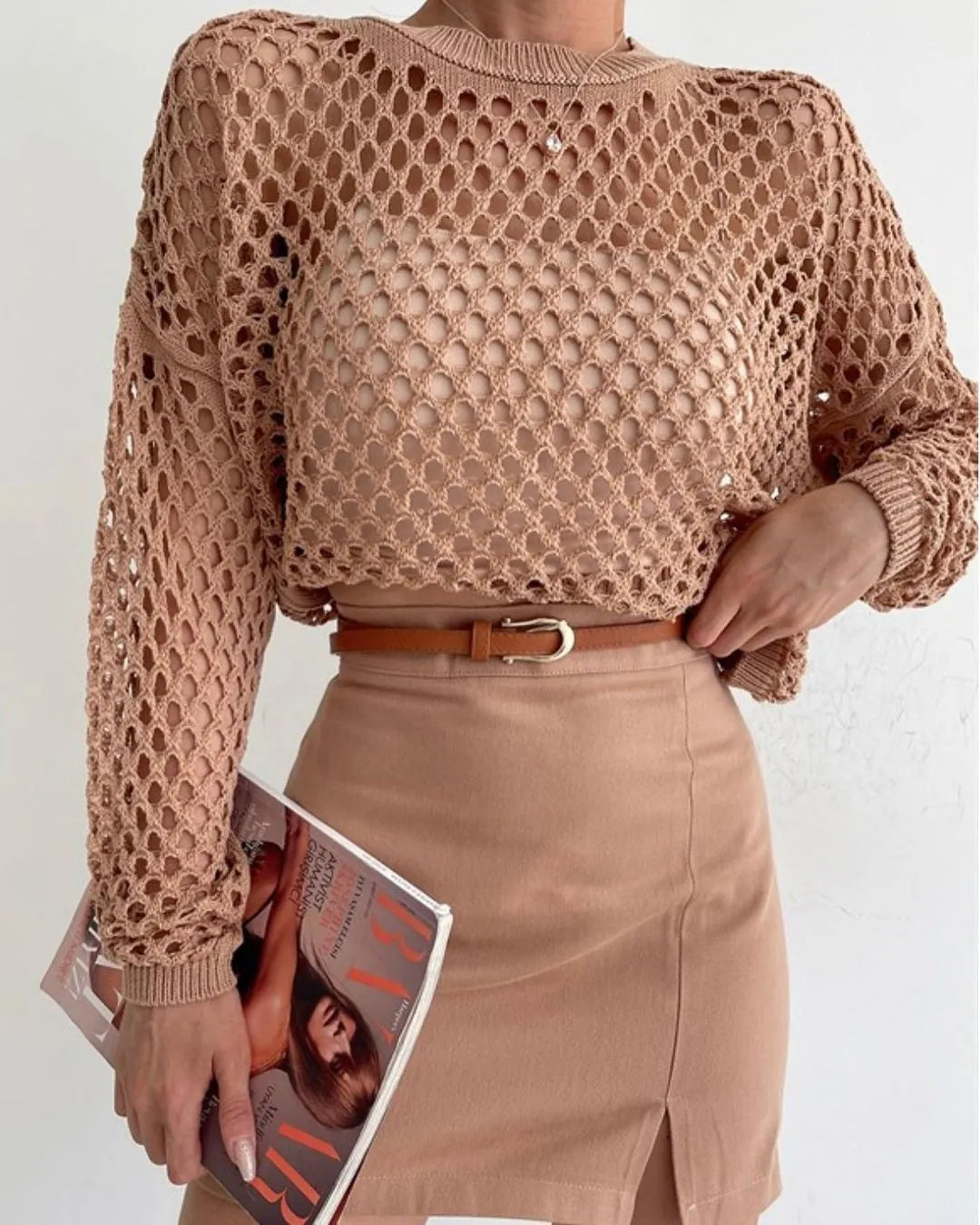 Women Casual Round Neck Out Crochet Knit Sweater Long Sleeve Loose Cropped Pullover Top