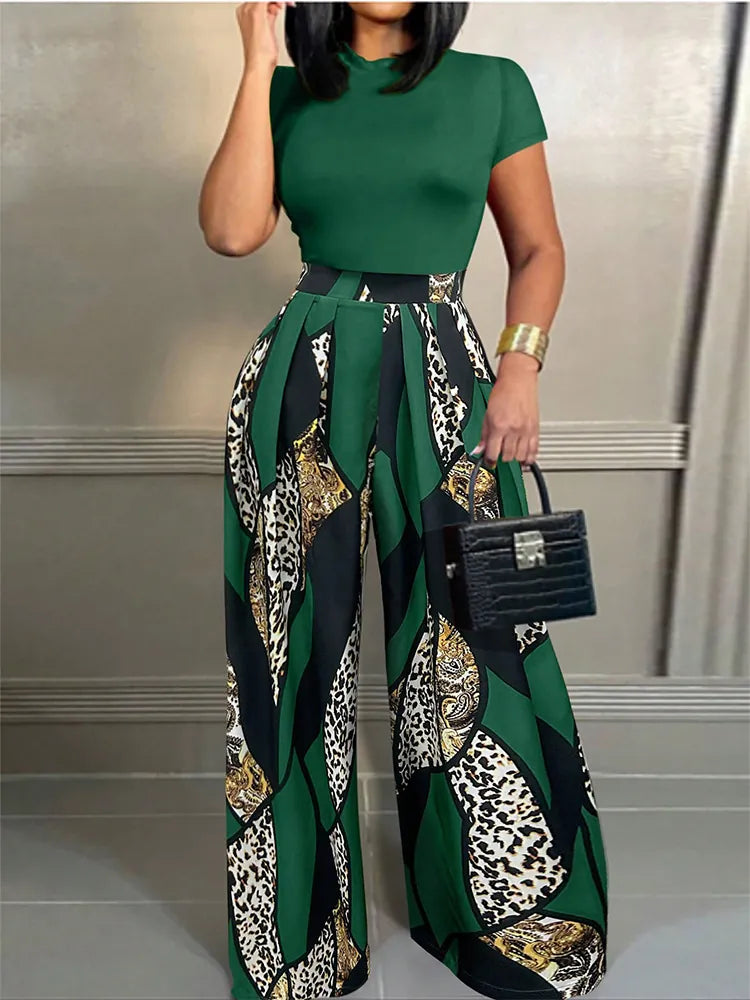 Women Casual Two Piece Set Short Sleeve Top And High Waist Wide Leg Print Pants Trousers Suit