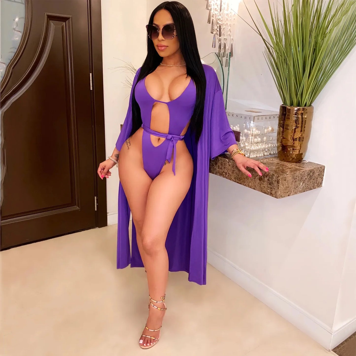 Sexy Women Hollow Out Monokini Top And Bottom With Long Cardigan Polyester Spandex Solid Color Swimsuit