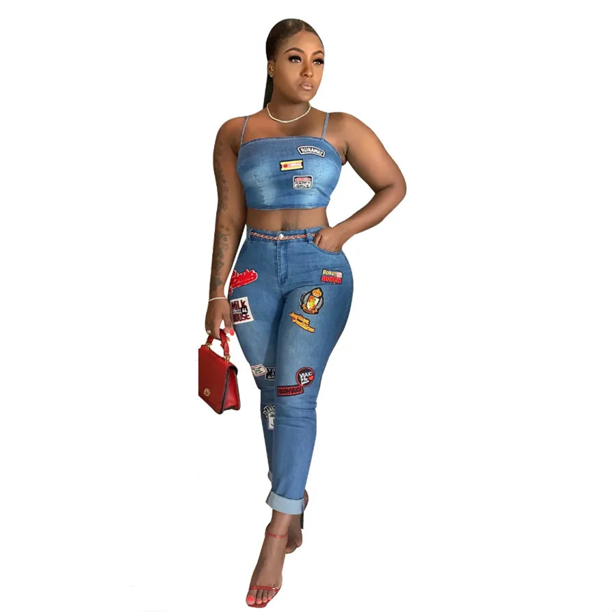Women Top And Bottom Denim Sleeveless Sling Crop Top And High Waisted Skinny Pants With Patchwork