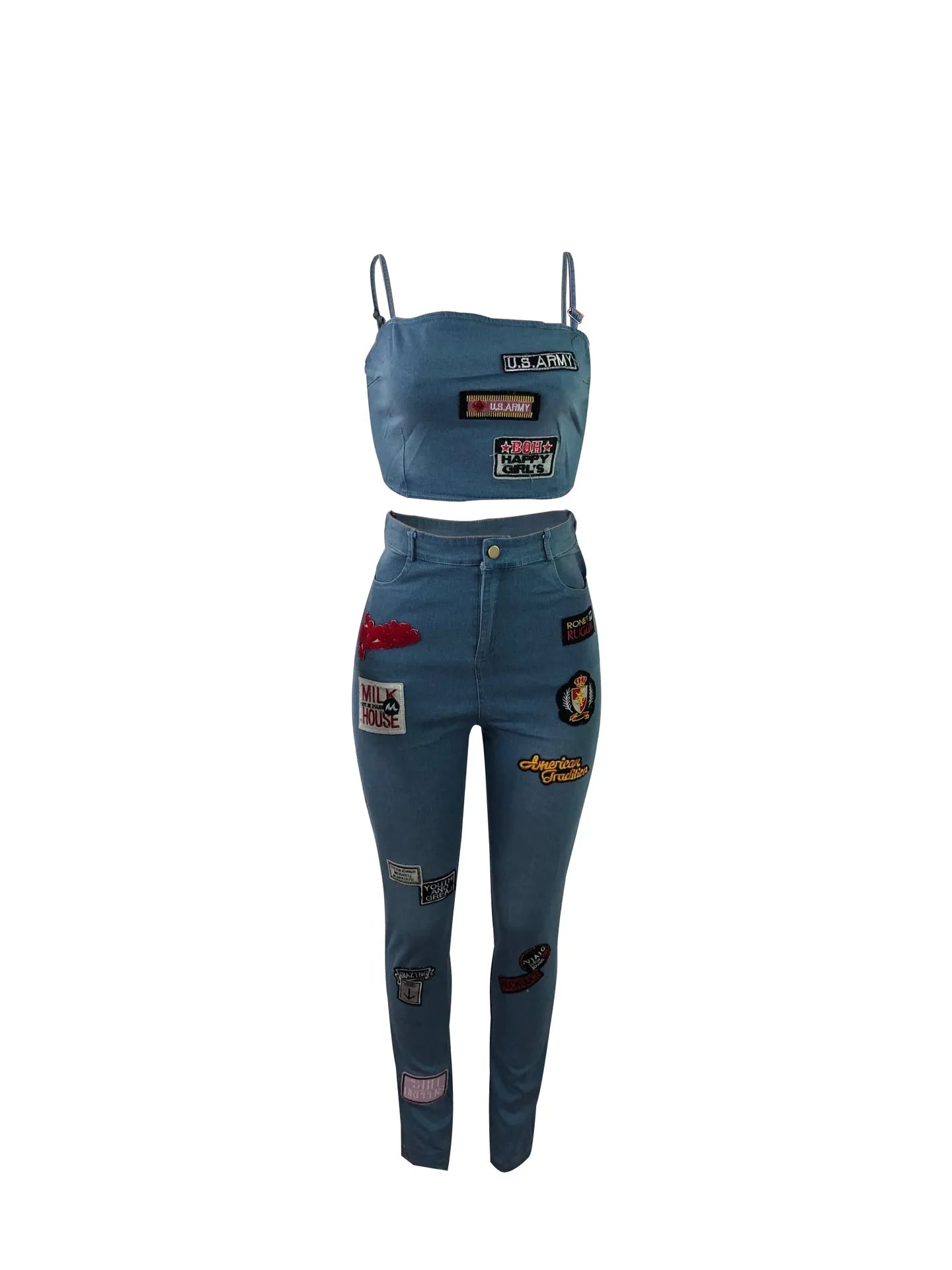Women Top And Bottom Denim Sleeveless Sling Crop Top And High Waisted Skinny Pants With Patchwork