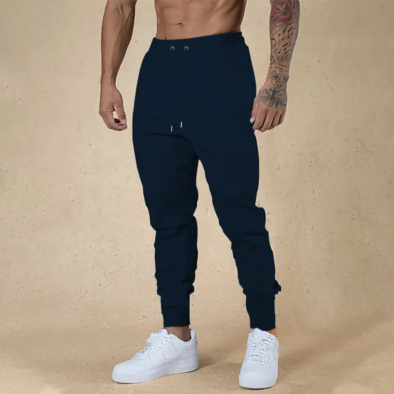 Men Sporty Polyester Solid Color Drawstring Joggers Slim Fit Cuffed Hem Sweatpants