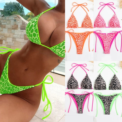 Leopard Print Halter Bikini Top And Side Tie Bottoms Sexy Backless Polyester Swimwear