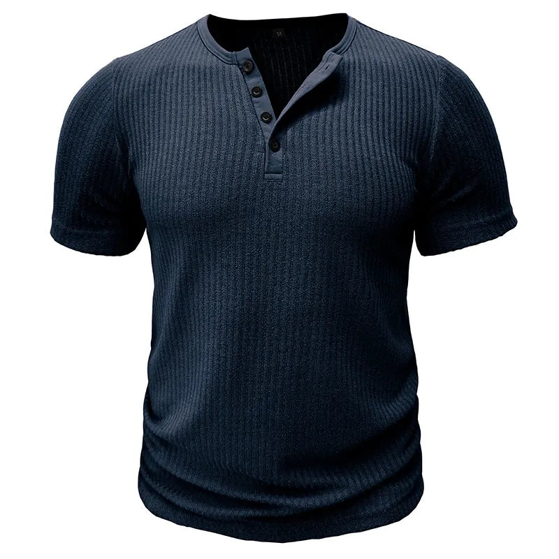 Men Casual Ribbed Knit Short Sleeve Henley Shirt Slim Fit Muscle Cotton Blend Button Up