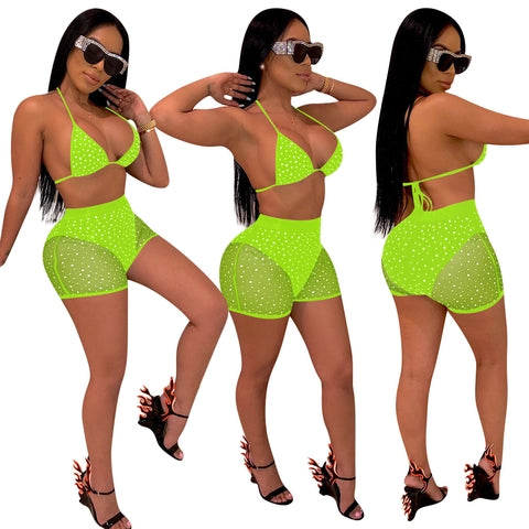 Sexy Two Piece Bikini Shorts Set Rhinestone Polka Dot Halter Top Mesh Patchwork High Waist Shorts Beach Party