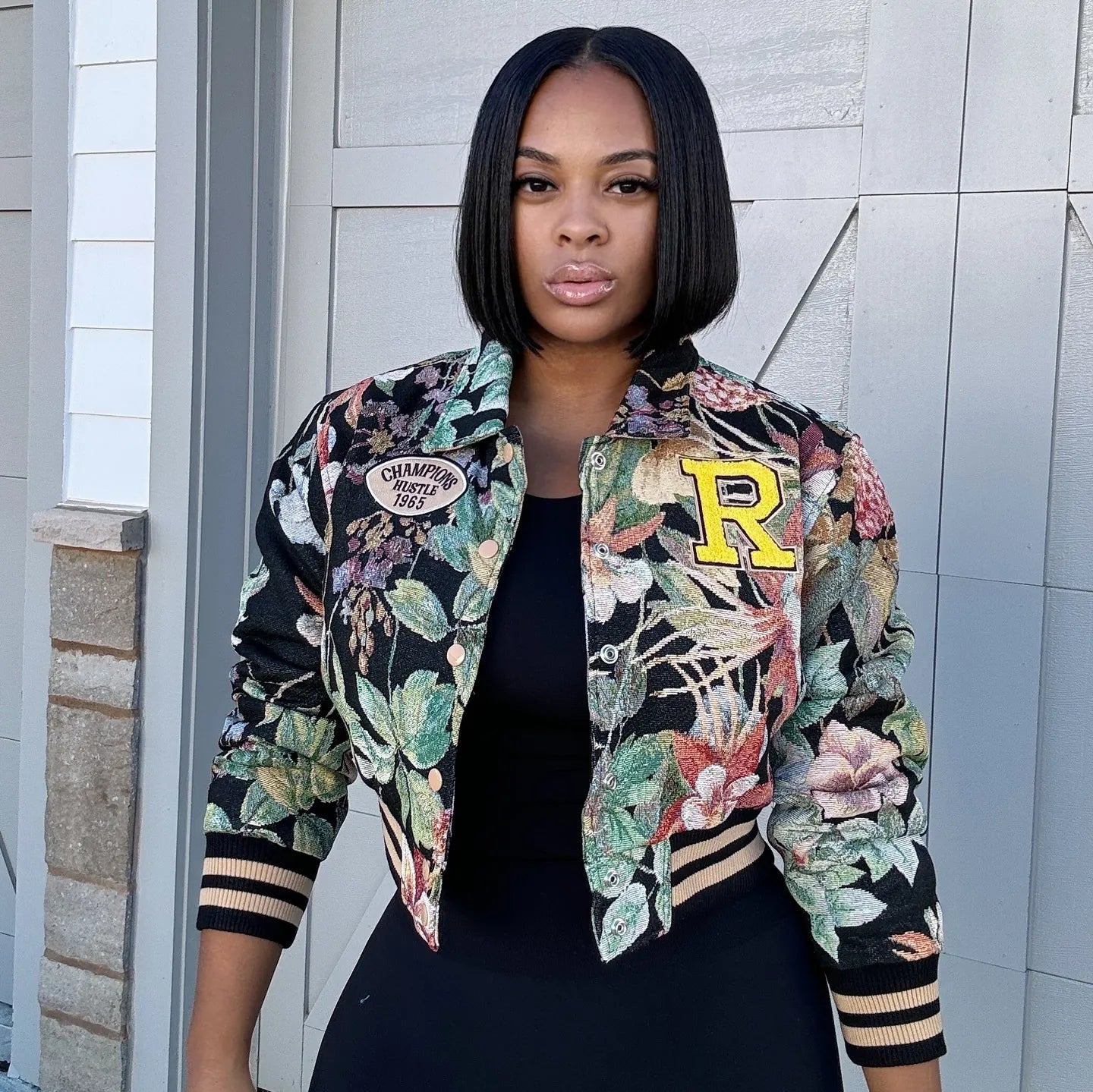 Floral Vintage Tapestry Bomber Jacket Women Retro Letter R Patch Varsity Jacket