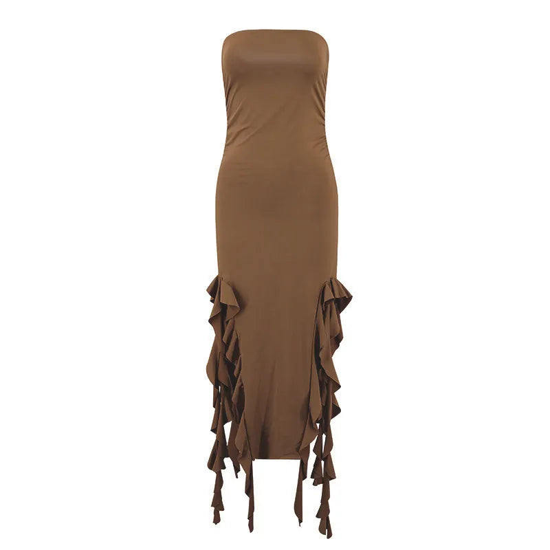 Women Sexy Strapless Ruched Midi Dress Ruffle High Split Slim Fit
