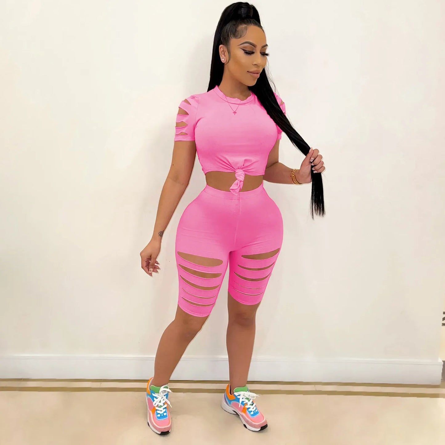 Women Sexy Solid Color Cut Out Two Piece Top And Bottom Summer Short Sleeve
