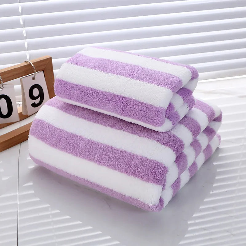 Striped Bath Towels Microfiber Coral Fleece Soft Absorbent Quick Dry Face Towels For Bathroom