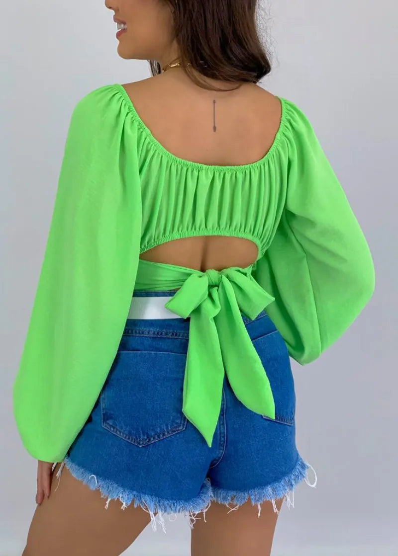 Women Sexy Off The Shoulder Crop Top Long Sleeve Tie Waist Polyester Solid Color Blouse