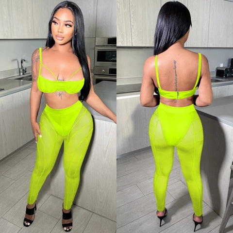 Sexy Mesh Sheer Crop Top And Pants Clubwear Party Suit Sleeveless Back Zipper High Waist Skinny Trousers Suit