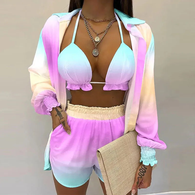 Sexy Vacation Shirt Top And Shorts Outfit Halter Bikini High Waist Bottom Long Sleeve Cover Up Floral Print
