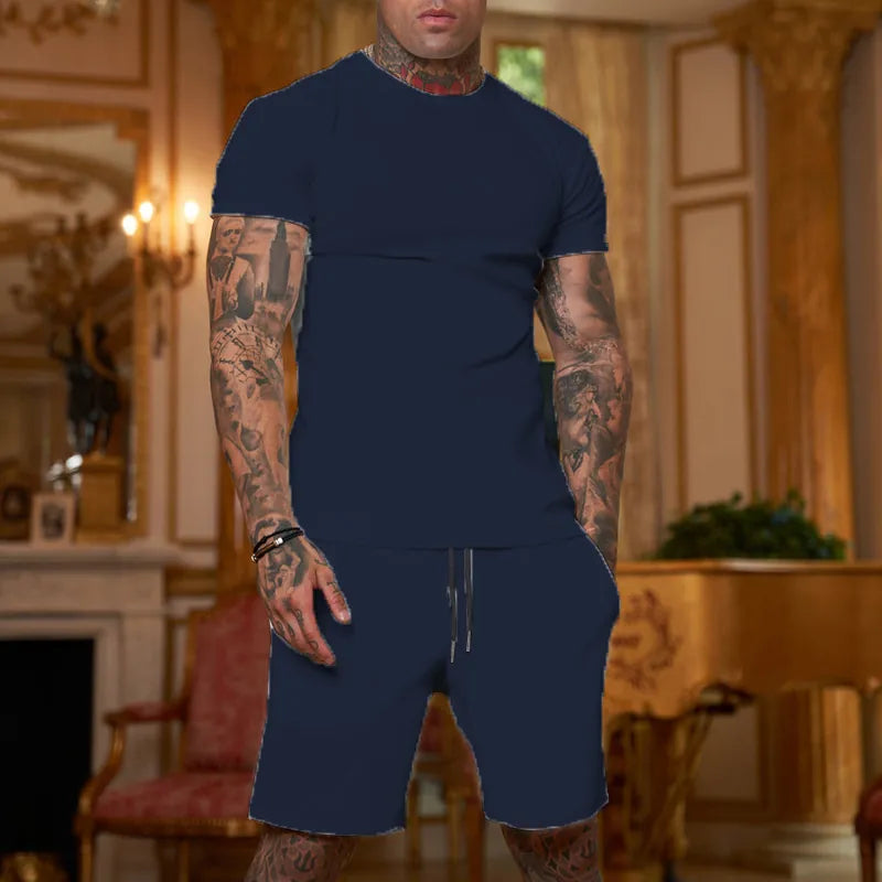 Men Short Sleeve Round Neck T-Shirt And Drawstring Shorts