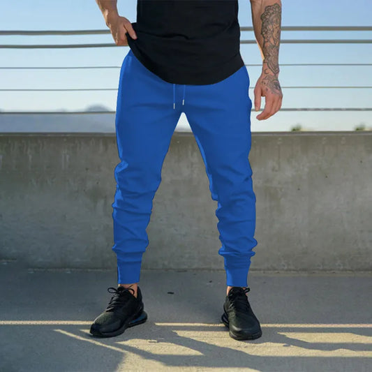 Men Sporty Polyester Solid Color Drawstring Joggers Slim Fit Cuffed Hem Sweatpants