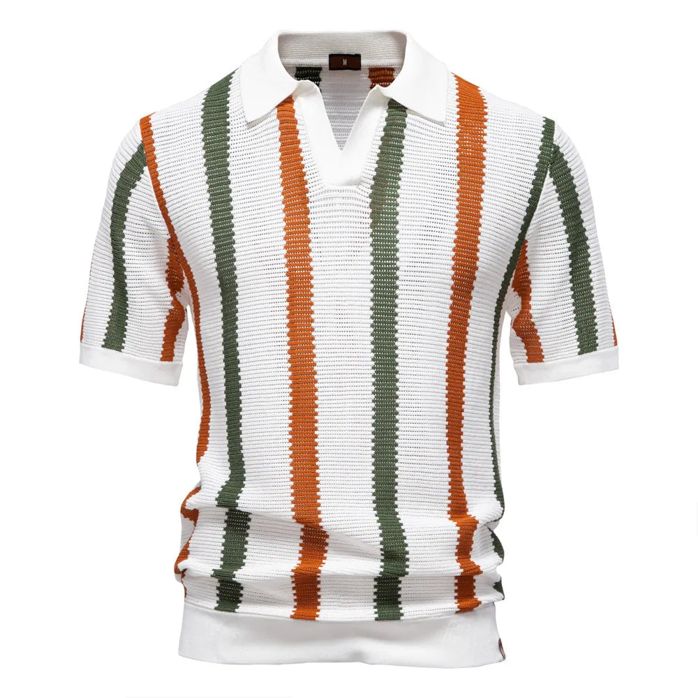 Summer Lightweight Men's Knit Polo Shirt Viscose Polyester Striped Breathable Hollow Short Sleeve