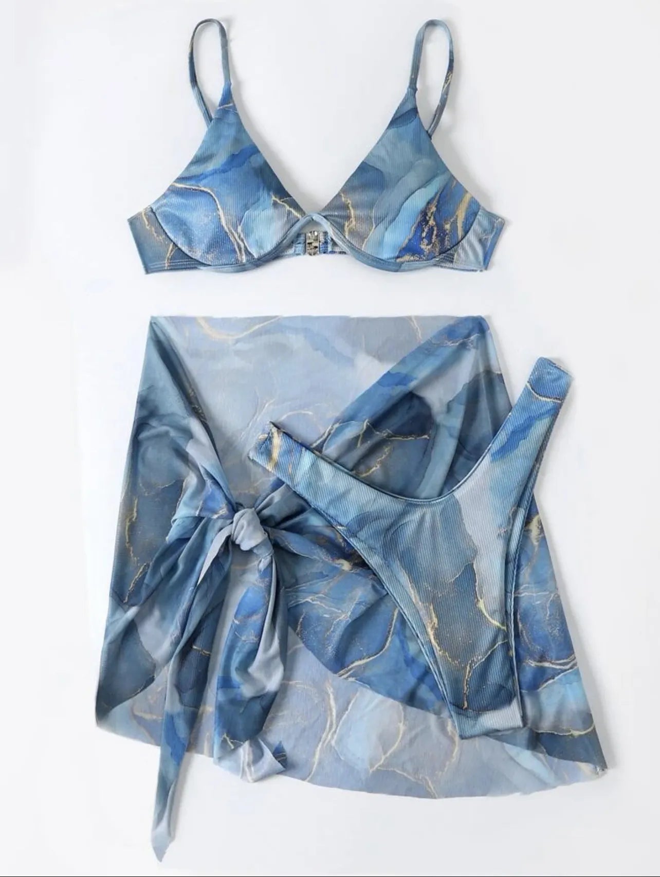 Marble Print Bikini Top And Bottom With Mesh Ribbed Fabric Sexy Beachwear