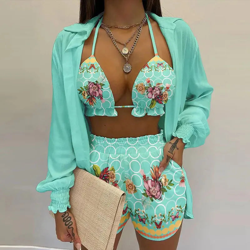Sexy Vacation Shirt Top And Shorts Outfit Halter Bikini High Waist Bottom Long Sleeve Cover Up Floral Print