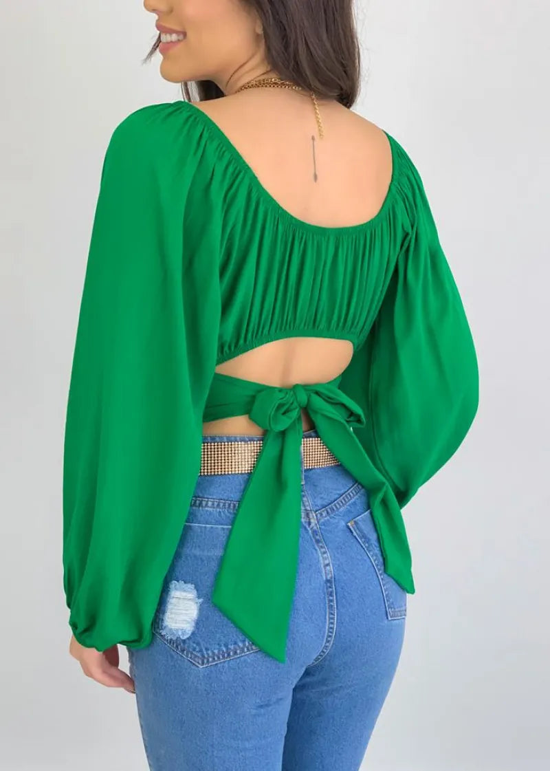 Women Sexy Off The Shoulder Crop Top Long Sleeve Tie Waist Polyester Solid Color Blouse