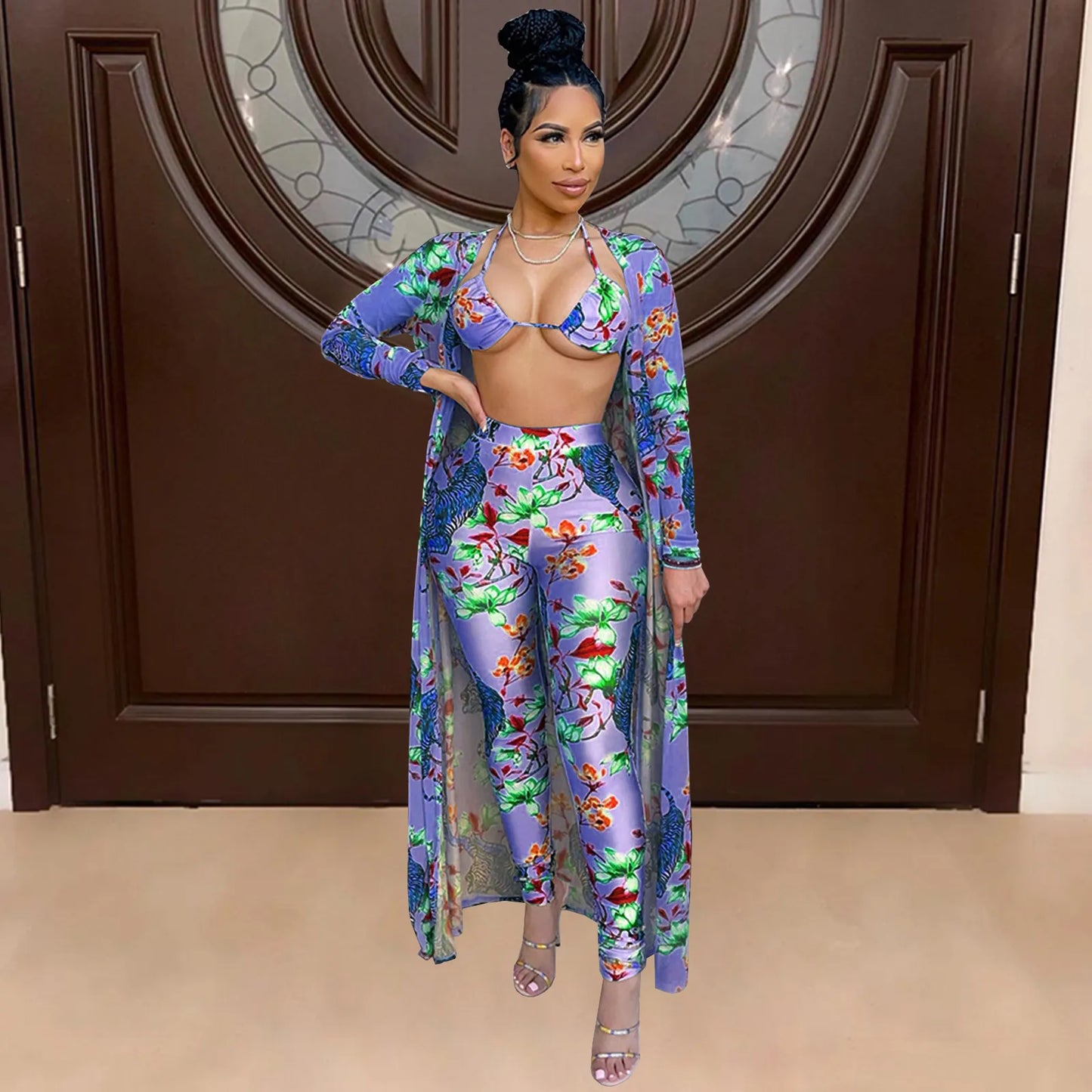 Women Sexy Tiger Floral Print Top And Bottom Plus Long Cardigan 3PC Outfit