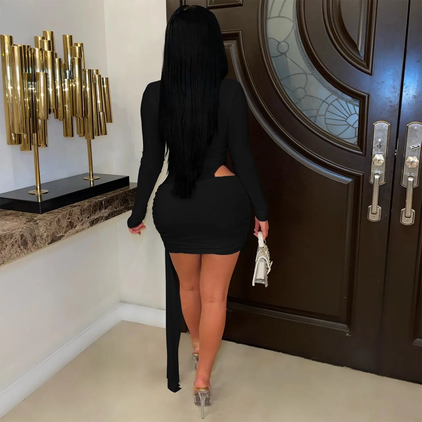 Sexy Deep V Neck Long Sleeve Cut Out Mini Dress With Long Streamers