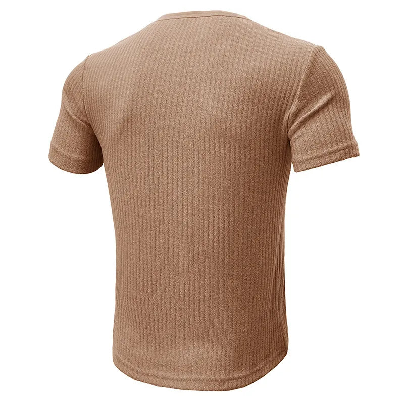 Men Casual Ribbed Knit Short Sleeve Henley Shirt Slim Fit Muscle Cotton Blend Button Up