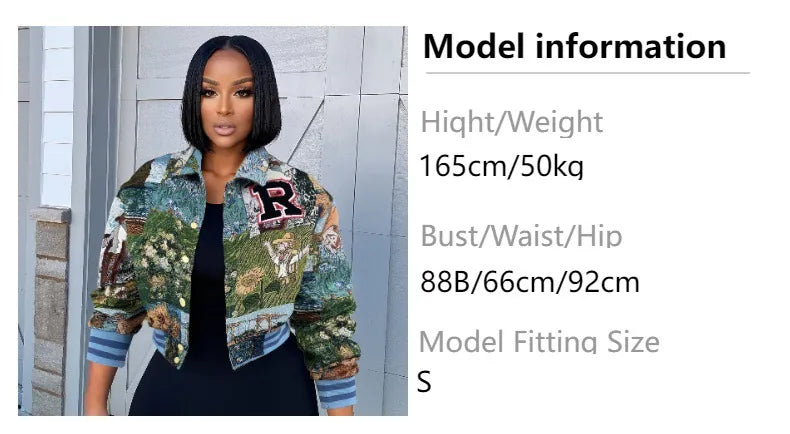Floral Vintage Tapestry Bomber Jacket Women Retro Letter R Patch Varsity Jacket