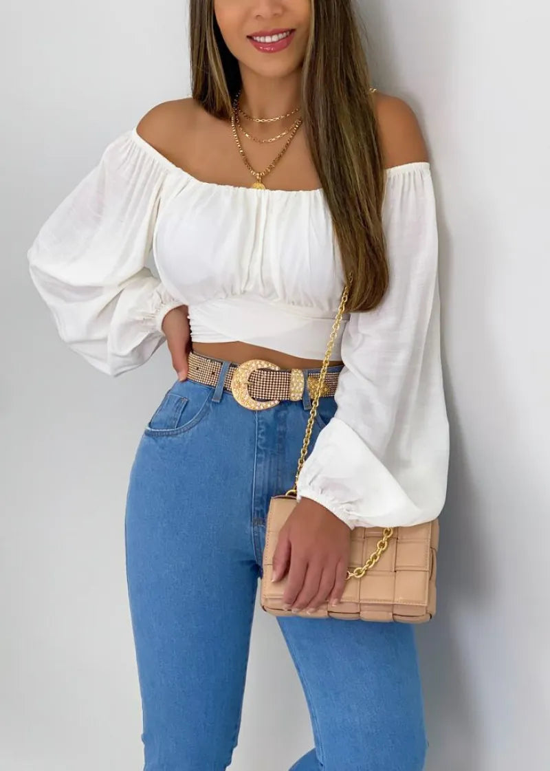 Women Sexy Off The Shoulder Crop Top Long Sleeve Tie Waist Polyester Solid Color Blouse