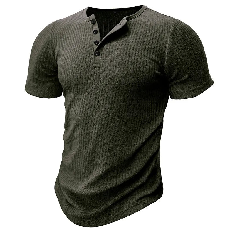 Men Casual Ribbed Knit Short Sleeve Henley Shirt Slim Fit Muscle Cotton Blend Button Up