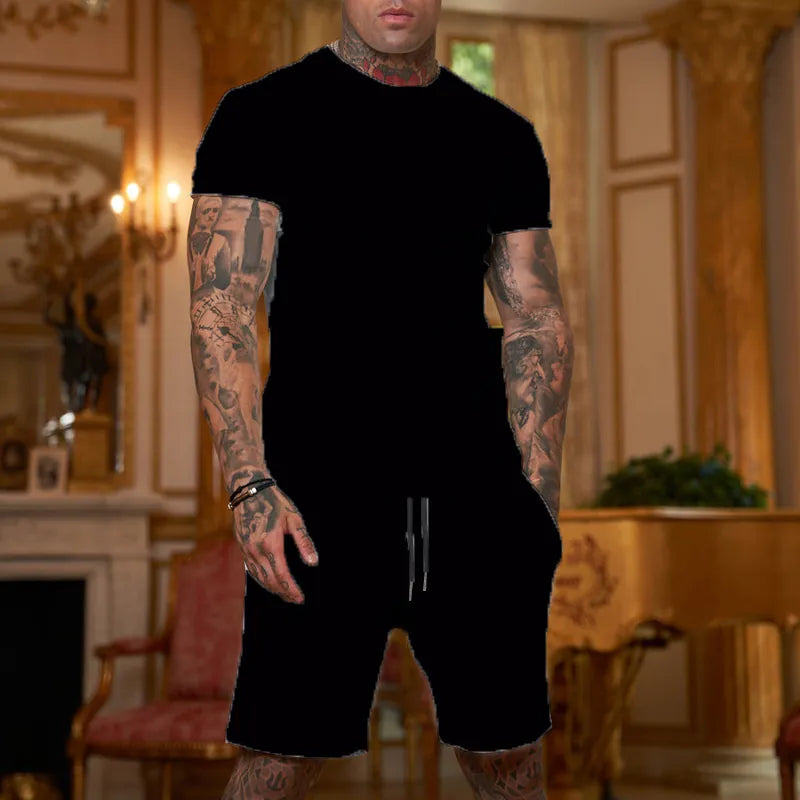 Men Short Sleeve Round Neck T-Shirt And Drawstring Shorts