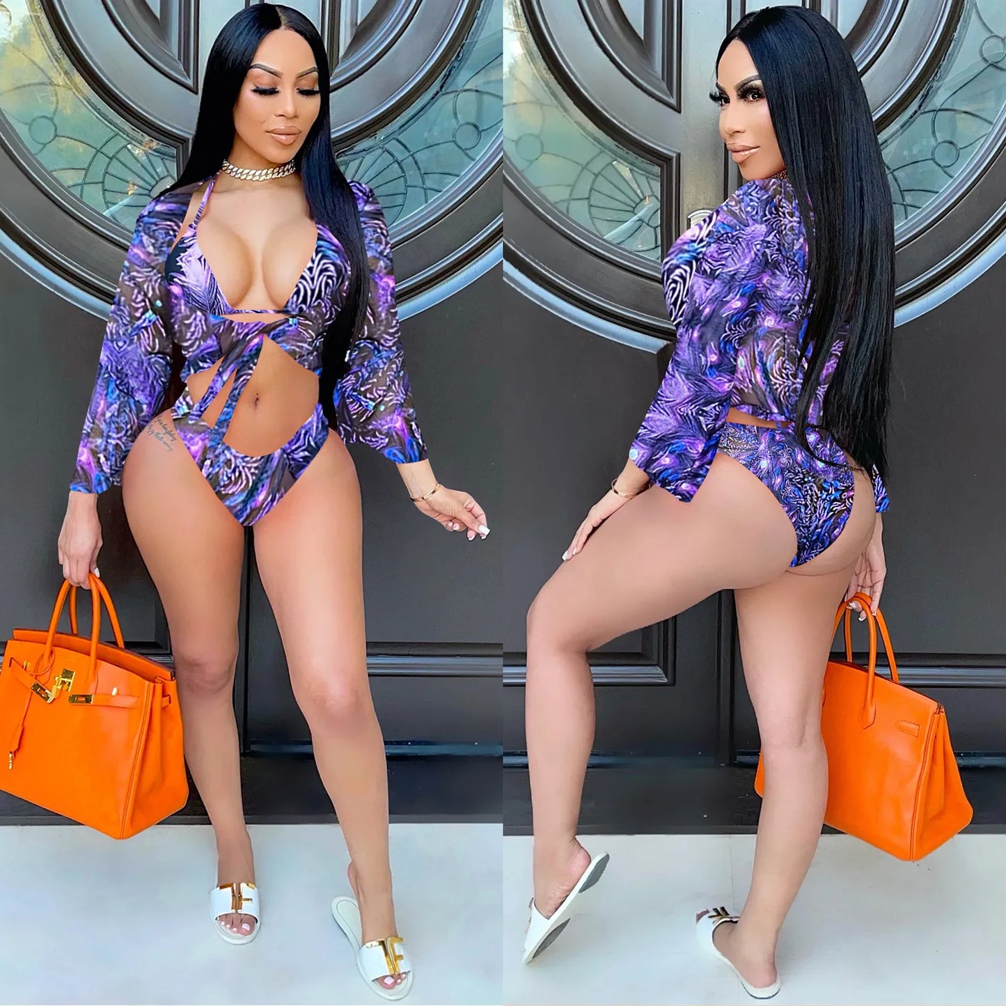 Women Sexy Leopard Print Bikini Top Bottom And Mesh Cover Up Beach Swimwear