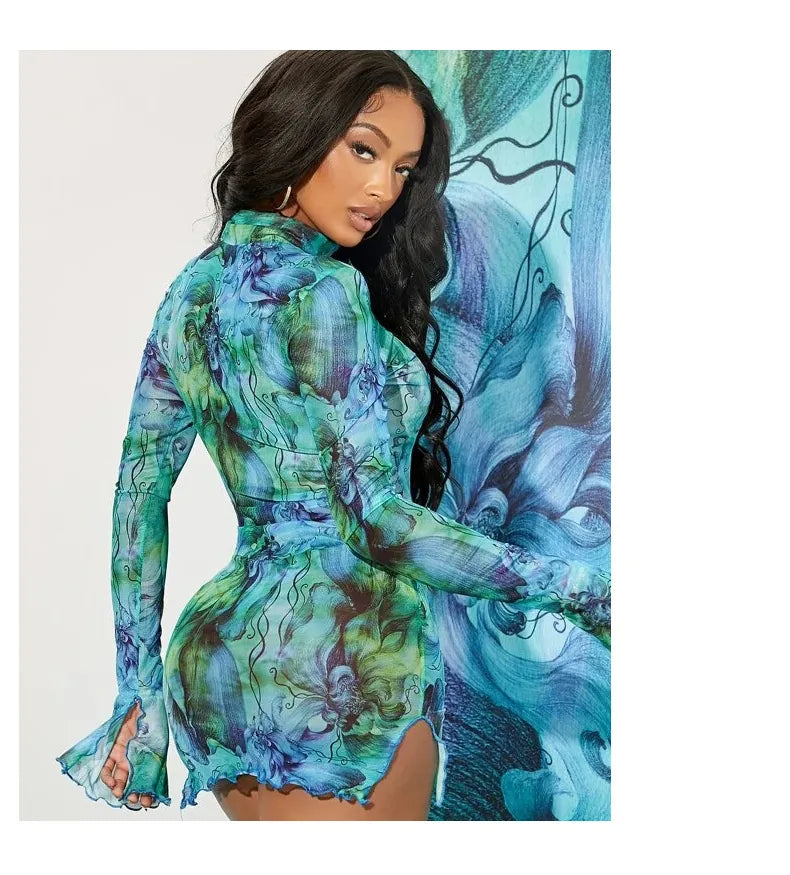 Women Sexy Mesh Abstract Print Mini Dress Long Flare Sleeve Mock Neck Slim Fit Sheer