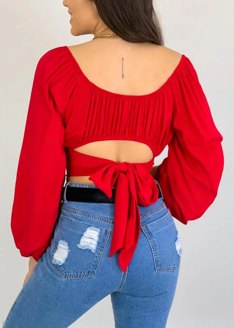 Women Sexy Off The Shoulder Crop Top Long Sleeve Tie Waist Polyester Solid Color Blouse